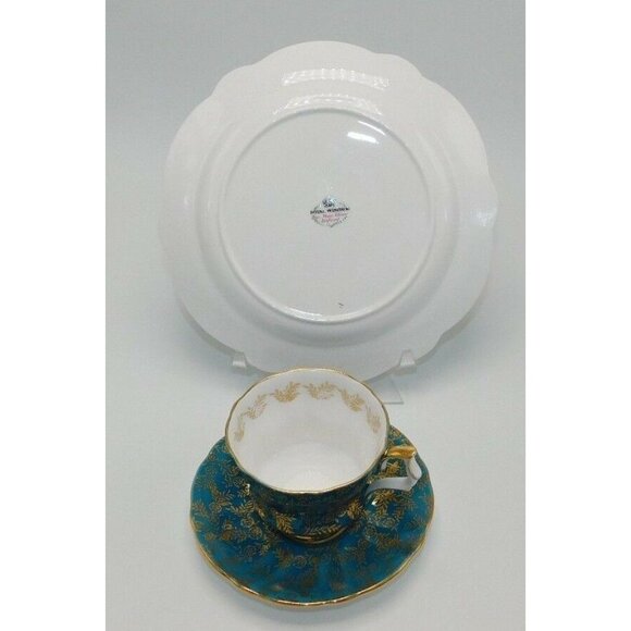 Royal Windsor Bone China Green & Gold Leaves Teacup Saucer Plate Set - Picture 10 of 10